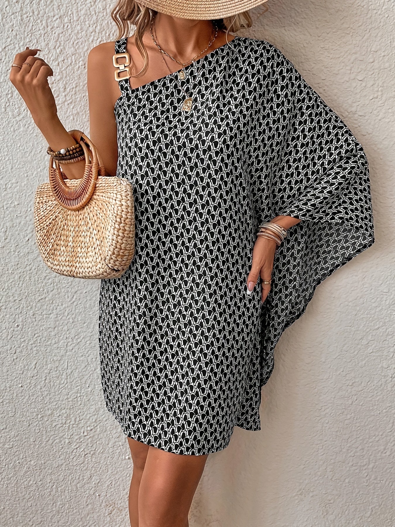 Allover Print Asymmetrical Dress, Casual Batwing Sleeve Chain Dress, Women's Clothing